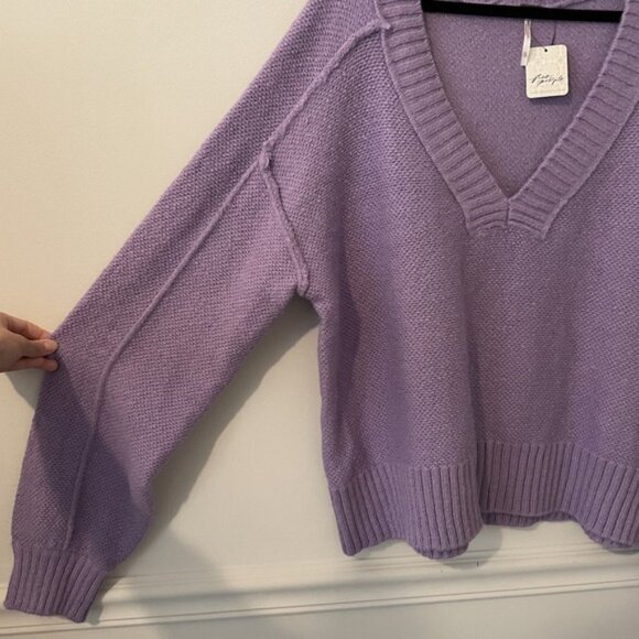NEW Free People Rhea V Neck Knit Pullover Purple Size XL Wool Blend Slouchy Cozy - Picture 4 of 7